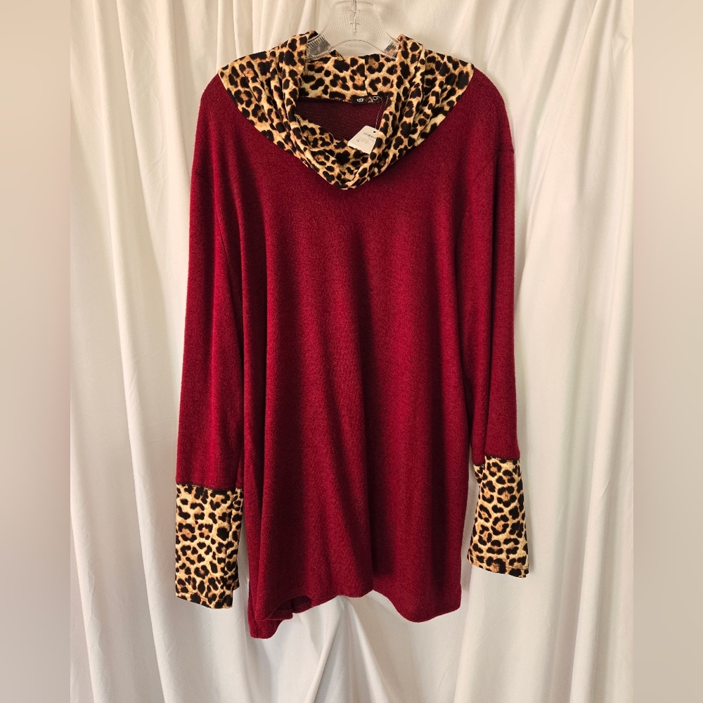 Vision Red/Burgundy Leopard Print Accents Cowl Neck Long Sweater Size 2XL